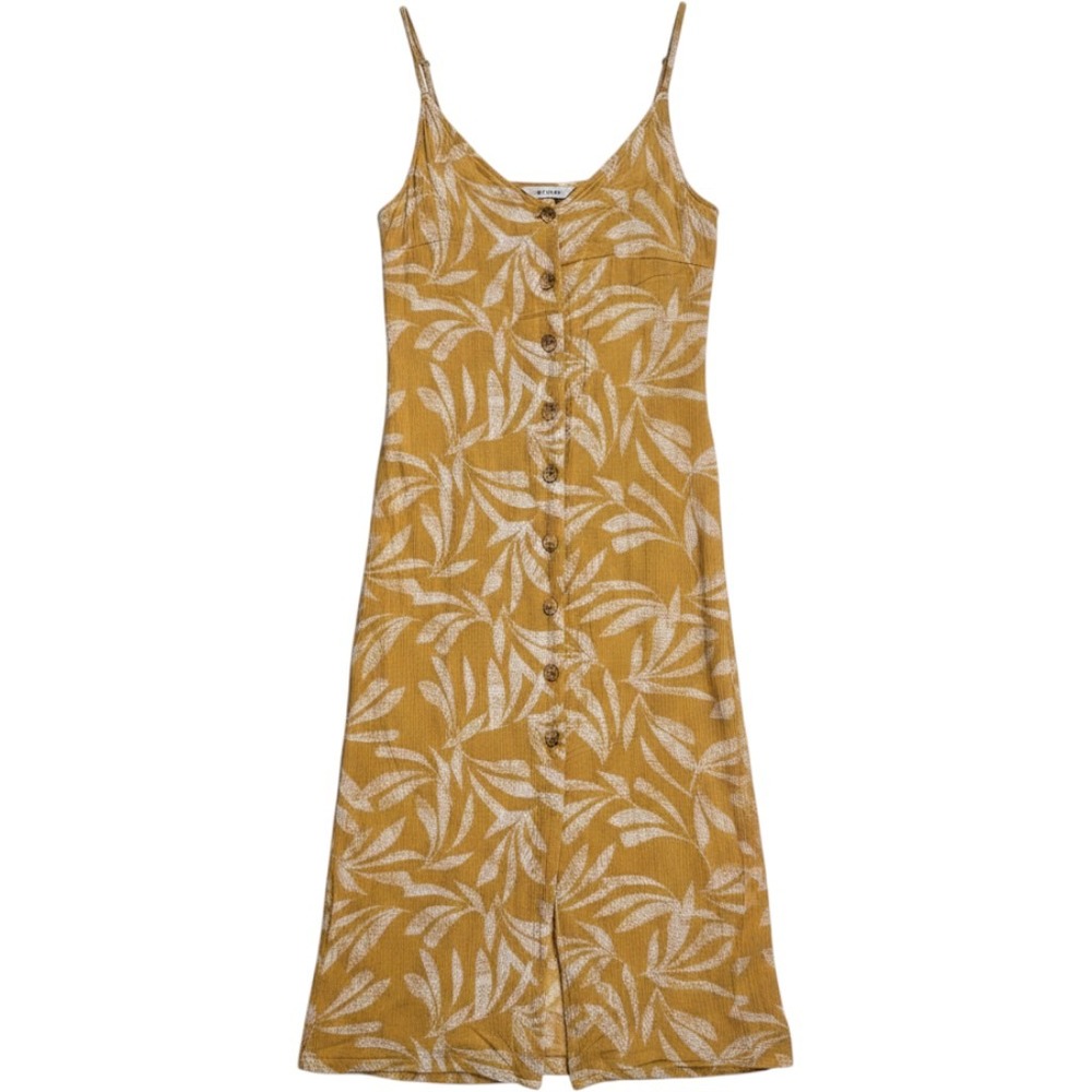 Rip Curl Mustard Yellow Tropical Leaf Button Front Midi Dress Womens Size Medium